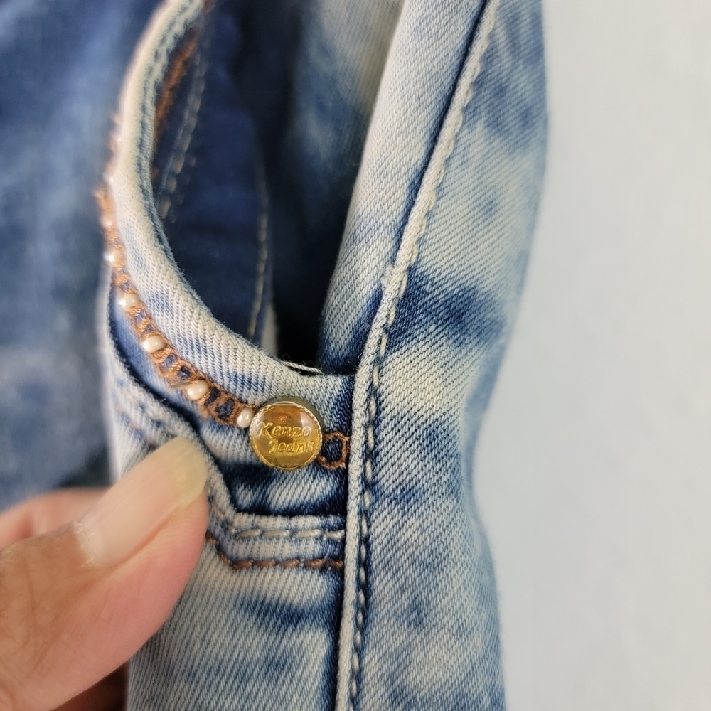 Kenzo GOLD DENIM VANY Skinny Mid-Rise Jeans Sz 6 Designer Beaded Gold Button - Picture 7 of 12